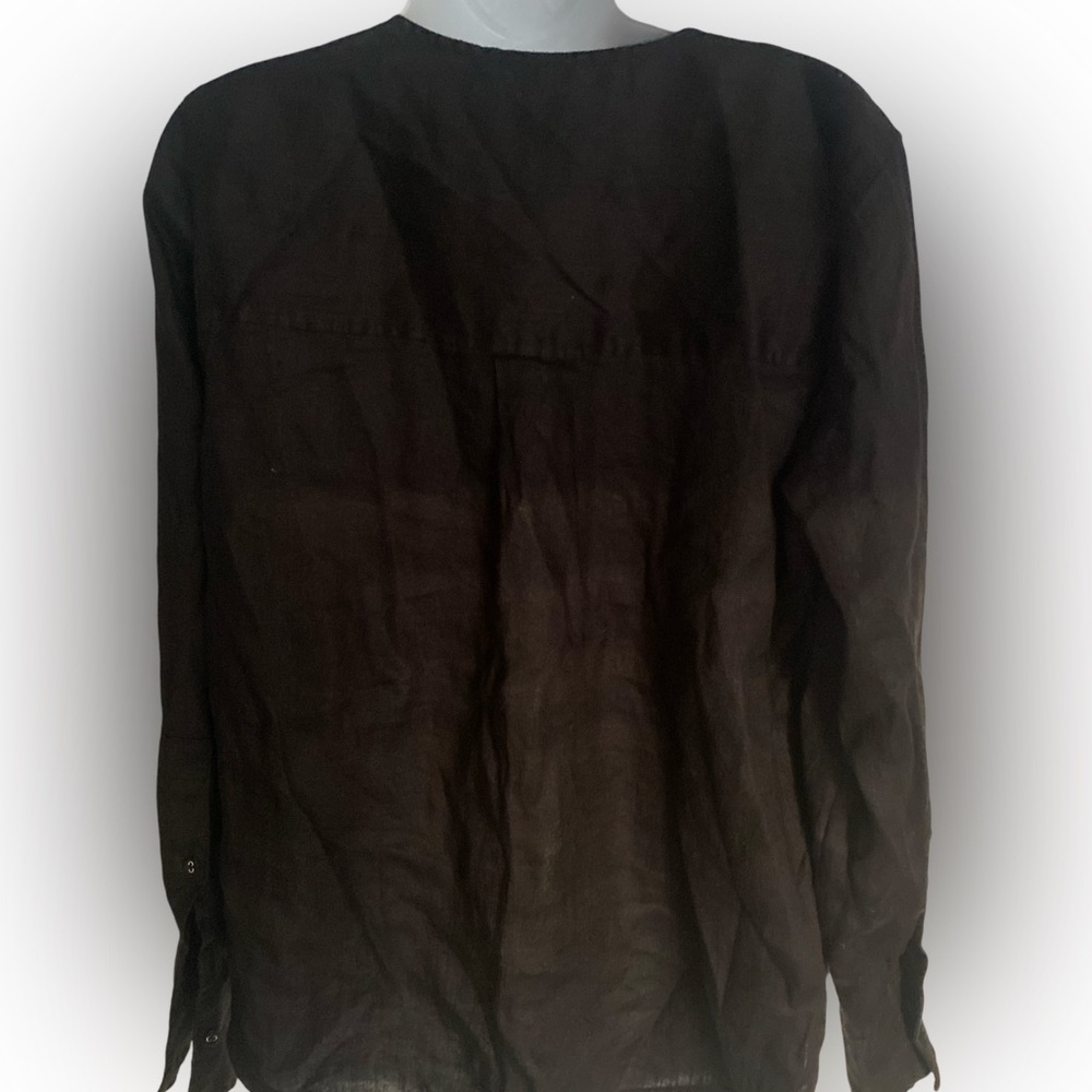 Elle Tahari Linen Shirt - M black linen  collarless , button front - Picture 5 of 5